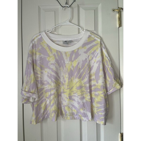Adidas Tie Die Cropped 3 Stripe T-shirt In Purple And Yellow Women Size 4X - Picture 1 of 7